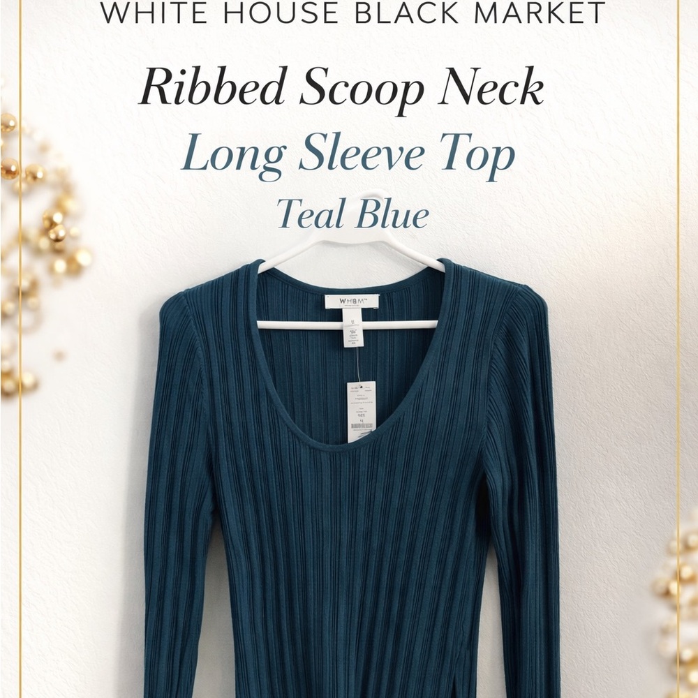 White House Black Market Ribbed Scoop Neck Long Sleeve Top - Teal Blue